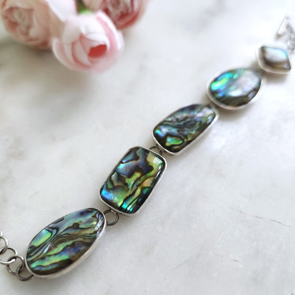 LUC 925 Sterling Silver Abalone Shell Toggle Link Bracelet Iridescent Boho - Picture 4 of 6